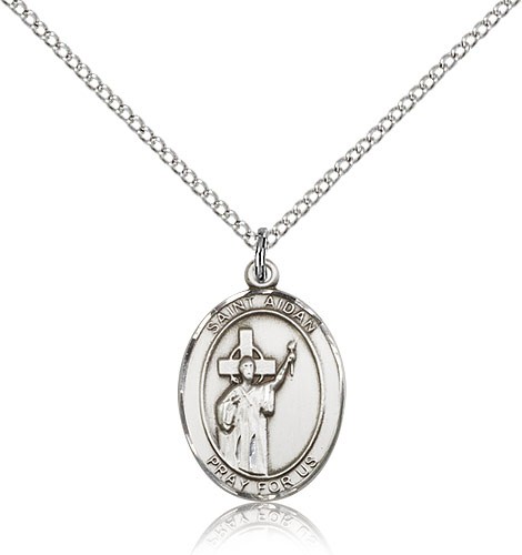 St. Aidan of Lindesfarne Medal, Sterling Silver, Medium - 18" 1.2mm Sterling Silver Chain + Clasp