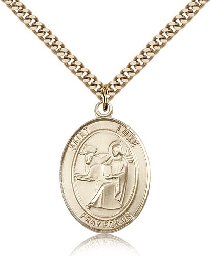 St. Luke the Apostle Medal, Gold Filled, Large - 24" 2.4mm Gold Plated Chain + Clasp