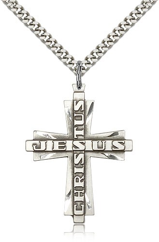 Jesus Christus Cross Pendant, Sterling Silver - 24" 2.4mm Rhodium Plate Endless Chain