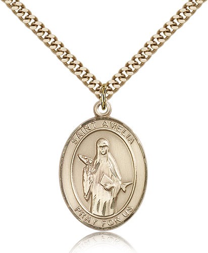 St. Amelia Medal, Gold Filled, Large - 24" 2.4mm Gold Plated Chain + Clasp