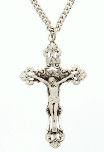 Crucifix Pendant, Sterling Silver - 24" 2.4mm Rhodium Plate Endless Chain
