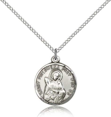 St. Philomena Medal, Sterling Silver - 18" 1.2mm Sterling Silver Chain + Clasp