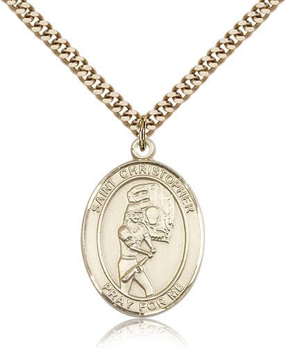 St. Christopher Softball Medal, Gold Filled, Large - 24" 2.4mm Gold Plated Chain + Clasp