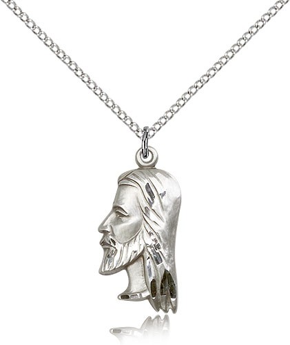 Christ Head Medal, Sterling Silver - 18" 1.2mm Sterling Silver Chain + Clasp