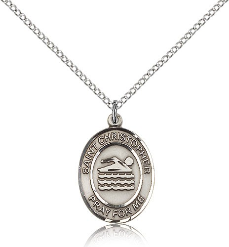 St. Christopher Swimming Medal, Sterling Silver, Medium - 18" 1.2mm Sterling Silver Chain + Clasp