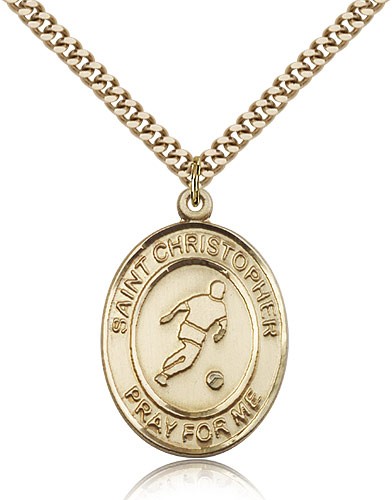 St. Christopher Soccer Medal, Gold Filled, Large - 24" 2.4mm Gold Plated Chain + Clasp