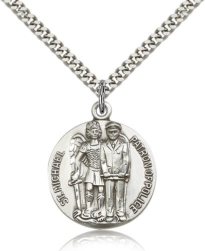 St. Michael the Archangel Medal, Sterling Silver - 24" 2.4mm Rhodium Plate Endless Chain