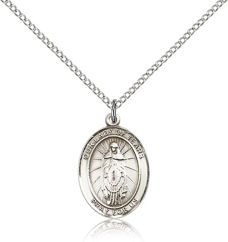 Our Lady of Tears Medal, Sterling Silver, Medium - 18" 1.2mm Sterling Silver Chain + Clasp