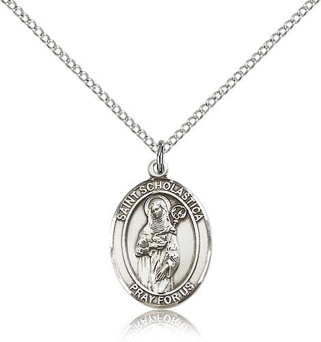 St. Scholastica Medal, Sterling Silver, Medium - 18" 1.2mm Sterling Silver Chain + Clasp