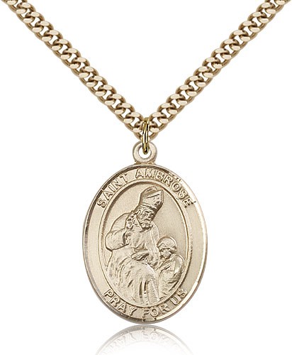 St. Ambrose Medal, Gold Filled, Large - 24" 2.4mm Gold Plated Chain + Clasp