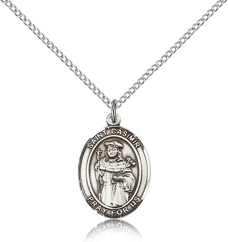 St. Casimir of Poland Medal, Sterling Silver, Medium - 18" 1.2mm Sterling Silver Chain + Clasp