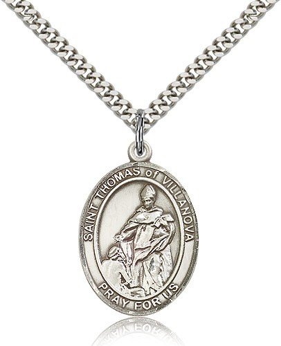 St. Thomas of Villanova Medal, Sterling Silver, Large - 24" 2.4mm Rhodium Plate Chain + Clasp