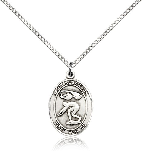 St. Sebastian Swimming Medal, Sterling Silver, Medium - 18" 1.2mm Sterling Silver Chain + Clasp