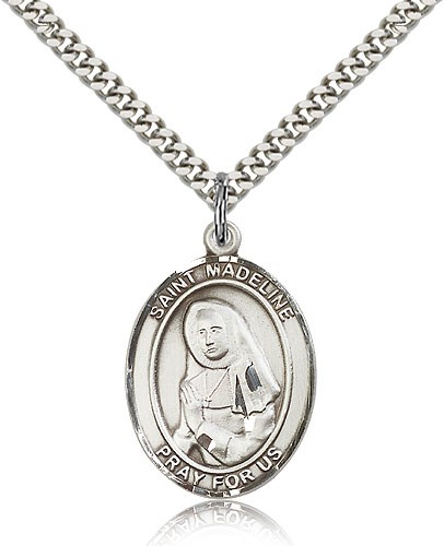 St. Madeline Sophie Barat Medal, Sterling Silver, Large - 24" 2.4mm Rhodium Plate Chain + Clasp