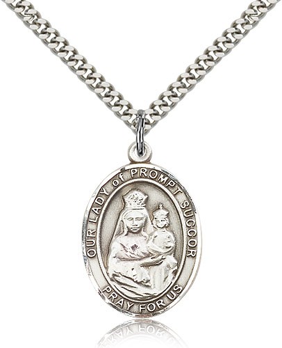 Our Lady of Prompt Succor Medal, Sterling Silver, Large - 24" 2.4mm Rhodium Plate Chain + Clasp