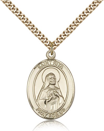 St. Rita Baseball Medal, Gold Filled, Large - 24" 2.4mm Gold Plated Chain + Clasp