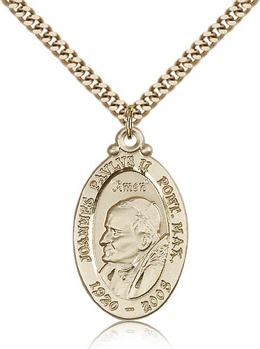 Pope John Paul II Medal, Gold Filled - 24" 2.4mm Gold Plated Endless Chain