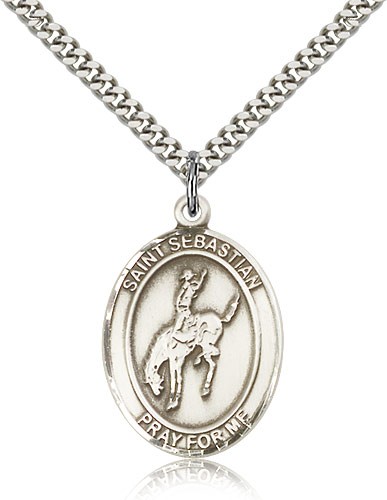 St. Sebastian Rodeo Medal, Sterling Silver, Large - 24" 2.4mm Rhodium Plate Chain + Clasp