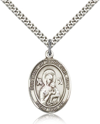 Our Lady of Perpetual Help Medal, Sterling Silver, Large - 24" 2.4mm Rhodium Plate Endless Chain
