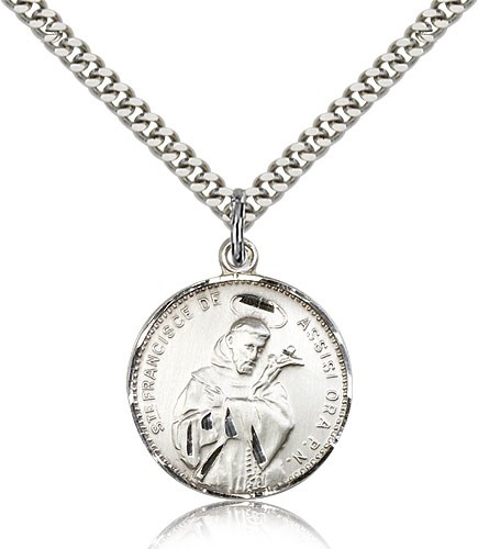 St. Francis of Assisi Medal, Sterling Silver - 24" 2.4mm Rhodium Plate Endless Chain