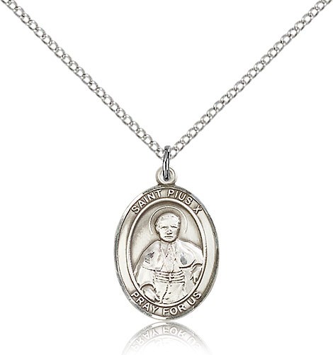 St. Pius X Medal, Sterling Silver, Medium - 18" 1.2mm Sterling Silver Chain + Clasp