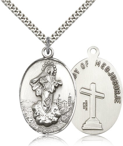 Our Lady of Medugorje Medal, Sterling Silver - 24" 2.4mm Rhodium Plate Endless Chain
