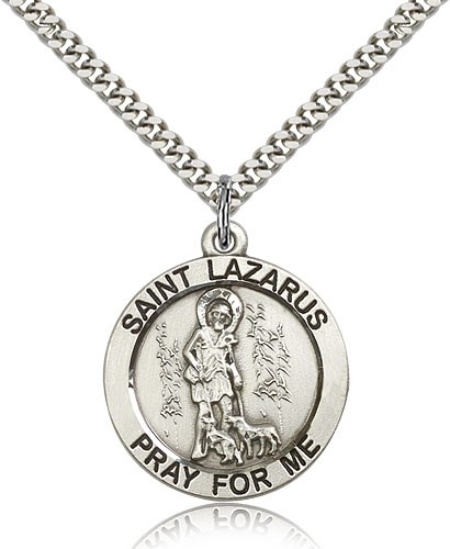 St. Lazarus Medal, Sterling Silver - 24" 2.4mm Rhodium Plate Endless Chain
