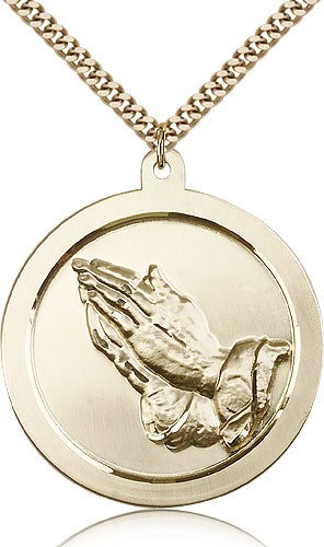 Praying Hand Medal, Gold Filled - 24" 2.4mm Gold Plated Endless Chain