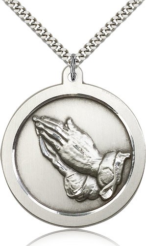 Praying Hand Medal, Sterling Silver - 24" 2.4mm Rhodium Plate Endless Chain