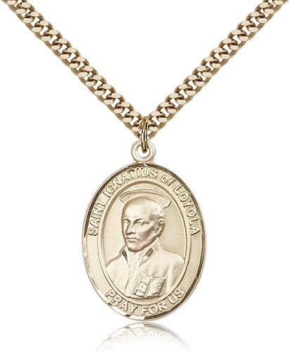 St. Ignatius of Loyola Medal, Gold Filled, Large - 24" 2.4mm Gold Plated Chain + Clasp