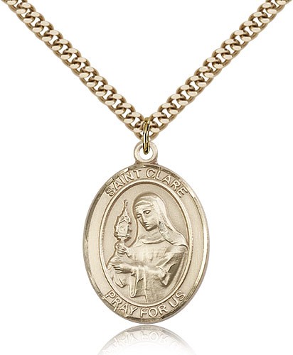 St. Clare of Assisi Medal, Gold Filled, Large - 24" 2.4mm Gold Plated Chain + Clasp