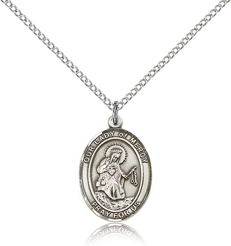 Our Lady of Mercy Medal, Sterling Silver, Medium - 18" 1.2mm Sterling Silver Chain + Clasp