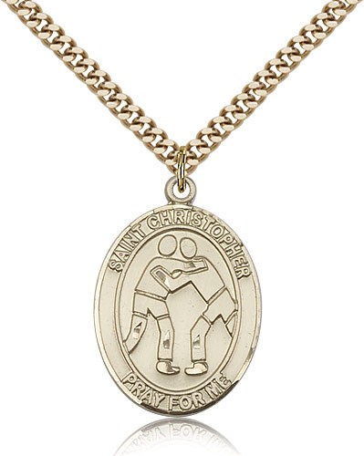 St. Christopher Wrestling Medal, Gold Filled, Large - 24" 2.4mm Gold Plated Chain + Clasp