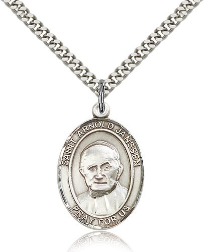 St. Arnold Janssen Medal, Sterling Silver, Large - 24" 2.4mm Rhodium Plate Chain + Clasp