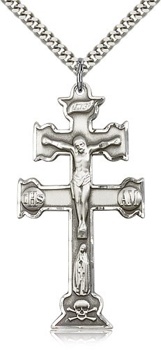 Caravaca Crucifix Pendant, Sterling Silver - 24" 2.4mm Rhodium Plate Endless Chain