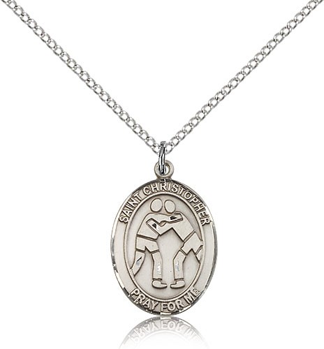 St. Christopher Wrestling Medal, Sterling Silver, Medium - 18" 1.2mm Sterling Silver Chain + Clasp