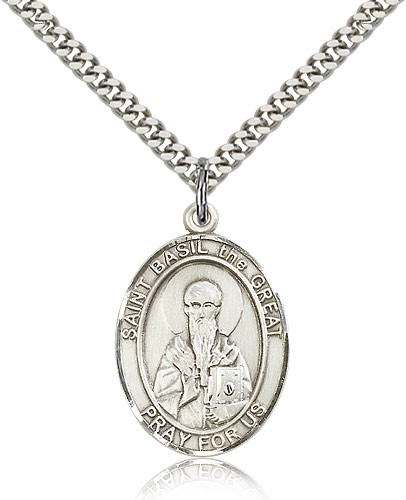 St. Basil the Great Medal, Sterling Silver, Large - 24" 2.4mm Rhodium Plate Chain + Clasp