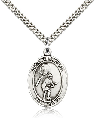 St. Sebastian Tennis Medal, Sterling Silver, Large - 24" 2.4mm Rhodium Plate Chain + Clasp