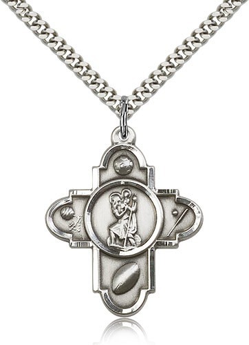 St. Christopher Sports 5-Way Medal with Hockey - 24" 2.4mm Rhodium Plate Chain + Clasp