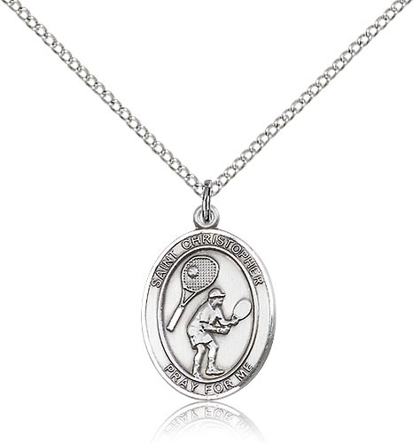 St. Christopher Tennis Medal, Sterling Silver, Medium - 18" 1.2mm Sterling Silver Chain + Clasp