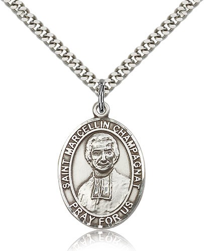 St. Marcellin Champagnat Medal, Sterling Silver, Large - 24" 2.4mm Rhodium Plate Chain + Clasp