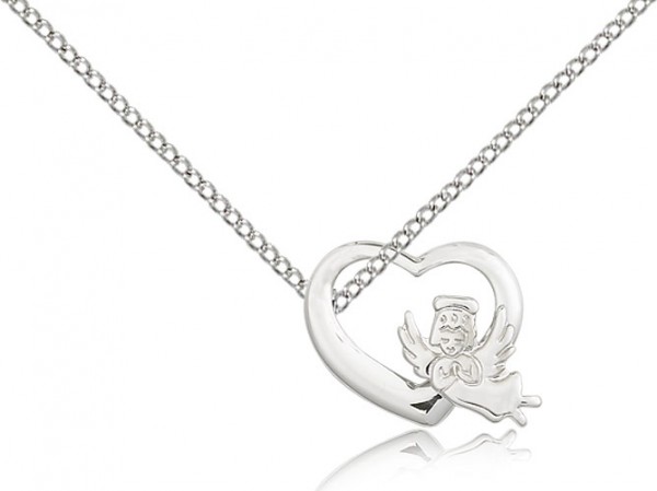 Heart Guardian Angel Medal, Sterling Silver - 18" 1.2mm Sterling Silver Chain + Clasp