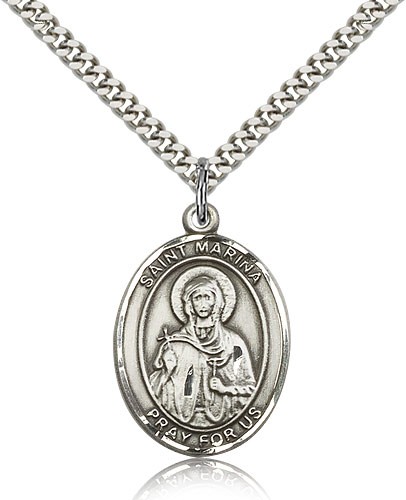St. Marina Medal, Sterling Silver, Large - 24" 2.4mm Rhodium Plate Chain + Clasp