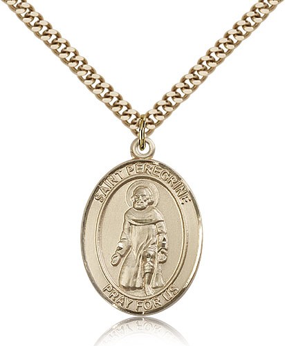 St. Peregrine Laziosi Medal, Gold Filled, Large - 24" 2.4mm Gold Plated Chain + Clasp