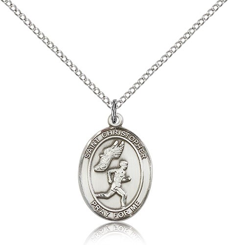 St. Christopher Track &amp; Field Medal, Sterling Silver, Medium - 18" 1.2mm Sterling Silver Chain + Clasp