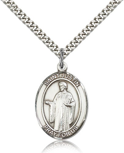 St. Justin Medal, Sterling Silver, Large - 24" 2.4mm Rhodium Plate Chain + Clasp