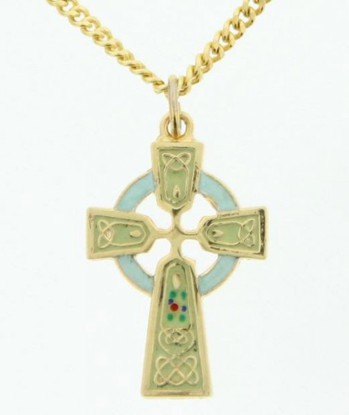 Light Green Celtic Cross Pendant 22 KT Gold Over Sterling Silver - Gold-tone