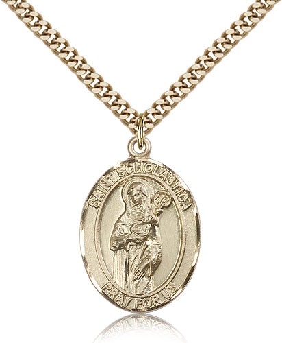 St. Scholastica Medal, Gold Filled, Large - 24" 2.4mm Gold Plated Chain + Clasp