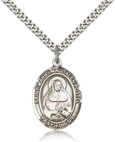 Marie Magdalen Postel Medal, Sterling Silver, Large - 24" 2.4mm Rhodium Plate Chain + Clasp