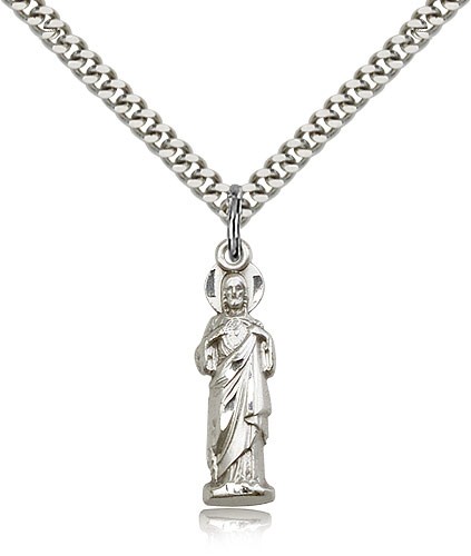 Sacred Heart Medal, Sterling Silver - 24" 2.4mm Rhodium Plate Endless Chain